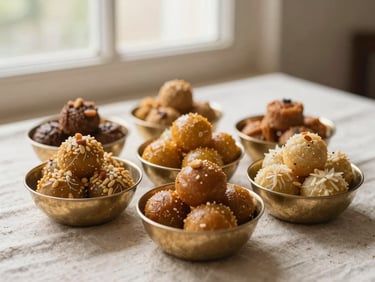 Traditional Indian sweets and regional delicacies arranged in polished brass bowls on a textured linen surface, soft natural window light