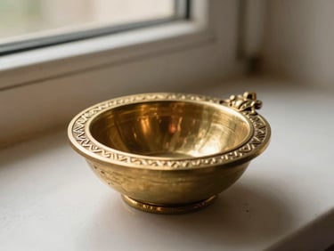Detailed macro shot of a hand-polished brass diya with intricate engraving, warm window light, soft shadow