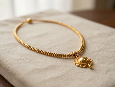 Macro photography of an antique gold necklace with intricate traditional detailing, resting on a soft cream linen fabric, shallow depth of field, warm side lighting.