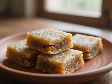Macro Hasselblad photo of layered Pootharekulu sweets on a clay plate, soft side-lighting, warm editorial style.