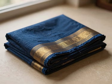Neatly folded premium heritage handloom textiles showing rich textures of indigo and gold threads, editorial presentation on a warm neutral surface.