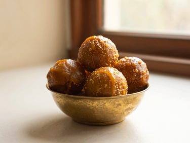Authentic presentation of traditional Indian sweets in a small brass vessel, warm golden-hour side lighting