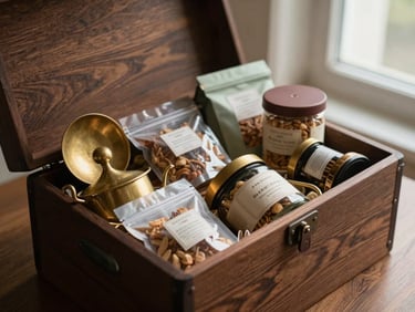 Overhead editorial shot of a premium corporate gift hamper, dark textured wooden box filled with artisanal brass items and custom-packaged gourmet treats, soft natural side lighting.