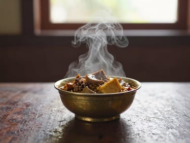 Authentic presentation of regional South Indian delicacies in a traditional brass vessel, steam gently rising, rustic dark background, editorial lighting.