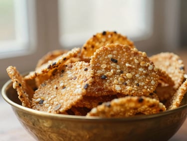 Close-up shot of crisp Chekkalu savory snacks in a traditional brass bowl, warm organic textures, shallow depth of field.