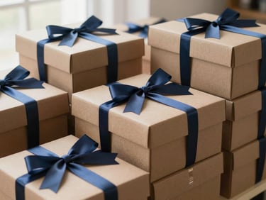 Neatly stacked premium corporate gift boxes ready for delivery, elegant indigo ribbons, professional presentation, soft studio lighting