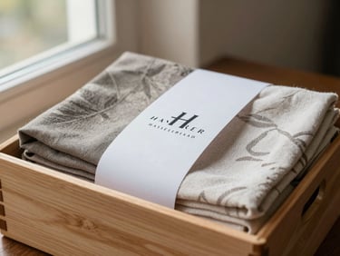 A beautifully packaged corporate gourmet hamper with custom branding, neatly folded textiles, elegant presentation.