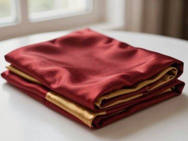 Neatly folded premium silk textiles in deep crimson and gold, soft natural lighting, shallow depth of field