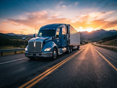 Low-angle heroic shot of a modern semi-truck on an open highway at dawn, dramatic orange morning light, sharp focus, 35mm lens
