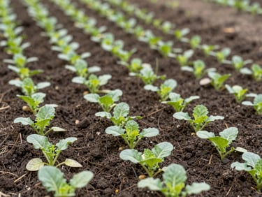 Healthy young vegetable plants growing in neat rows in dark fertile soil, soft overcast daylight, 35mm