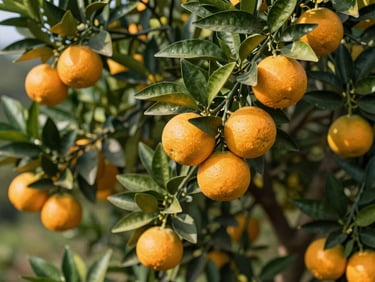 Close-up of citrus tree branches laden with ripening oranges, rich green foliage, bright natural light, 35mm