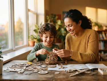 Candid medium shot of a mentor and a young student smiling while assembling a wooden STEM kit together by a bright window, warm golden-hour daylight, soft optimistic earth tones, shallow depth of field, 35mm photography