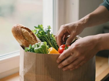 A close-up candid photograph of hands carefully placing fresh, bright vegetables and warm bread into a sturdy cardboard community care package, natural morning light, 35mm.
