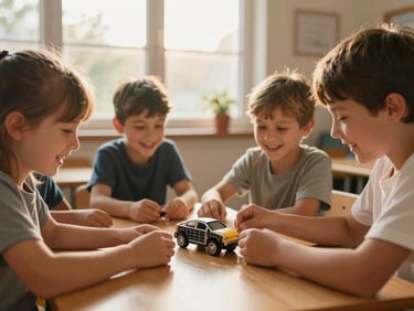 A warm candid photograph of children gathered around a wooden classroom table, laughing as they assemble a small solar-powered toy car, golden hour window light, shallow depth of field, 35mm.