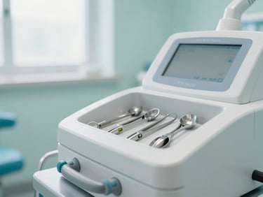 A close-up of modern clinical sterilization equipment and sealed dental instruments inside a bright, organized medical facility with soft teal lighting.