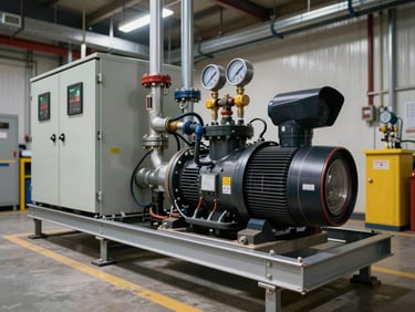 Fire suppression pump skid installed in a mechanical room, Bristol control panel visible on the unit, facility ambient lighting, wide shot showing piping connections and pressure gauges