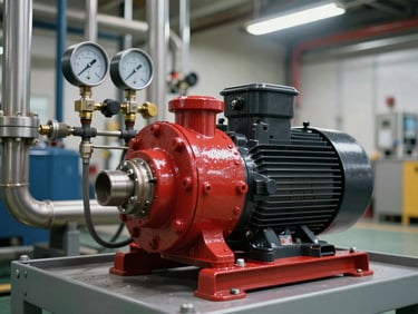 Fire suppression pump skid in a mechanical room, Bristol pump with red casing and black motor, pressure gauges and flow test connections visible, stainless piping, fluorescent ambient lighting in a commercial building mechanical space, no people