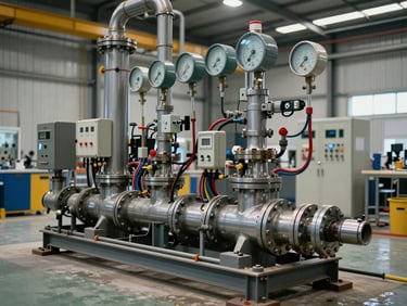 Skid-mounted engineered pump system assembly with instrumentation, control wiring, and piping manifold, photographed in a fabrication facility under neutral overhead lighting, full system in frame