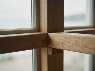 Tight macro shot of hand-carved timber-frame joinery, soft natural window light illuminating the wood grain and chisel marks.