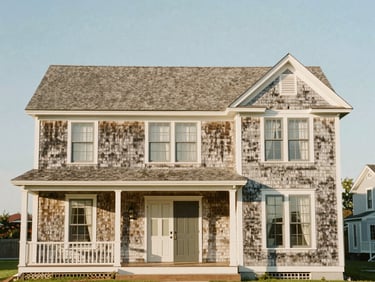 warm editorial architectural photography, soft coastal daylight, muted historic tones, medium format film, 80mm. Straight-on architectural elevation of a restored historic Guilford home with weathered cedar shingles, flooded with natural coastal light, clean lines and negative space.