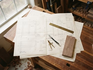 Overhead flat-lay of detailed CAD woodworking blueprints on a warm walnut workbench, soft natural window light, shallow depth of field, 35mm