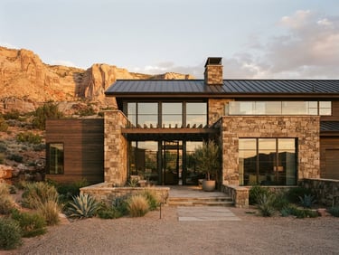 Crisp architectural exterior of a modern stone and timber residential building in Southern Utah, warm golden hour sun hitting the facade, straight-on architectural lines, 35mm