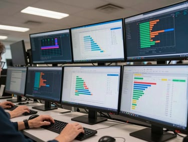 Wide shot of multiple monitors showing real programmatic advertising dashboards with conversion funnels, audience segment charts, and RTB bid logs, office fluorescent lighting, multiple screens visible, hands analyzing data on keyboard