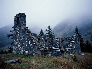 Old stone church ruins surrounded by wild grass and towering pine trees, shrouded in thick mountain fog, 35mm film aesthetic.