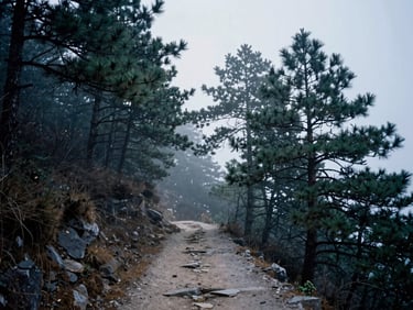 A narrow dirt hiking path cutting through towering Himalayan pine trees, heavy morning mist, cool slate tones.