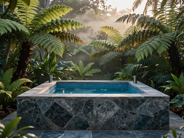 Natural stone bathhouse surrounded by lush ferns, soft misty morning light, slow travel aesthetic