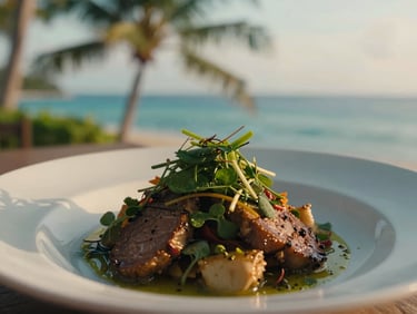 Close-up of a locally sourced gourmet dish with tropical herbs, soft side lighting, fine dining table setting, 35mm lens
