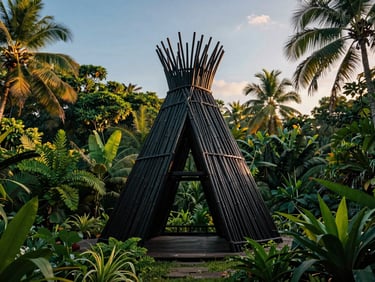 Stunning geometric black bamboo structure in the jungle, warm golden hour light, architectural symmetry