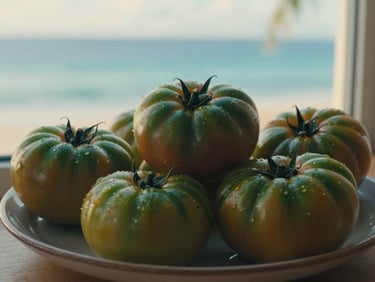 Close-up of locally sourced organic heirloom tomatoes on a handmade ceramic plate, soft side window light, 35mm lens