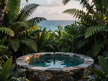 A quiet stone bath surrounded by tropical ferns, soft overcast light, deep emerald tones, 35mm lens