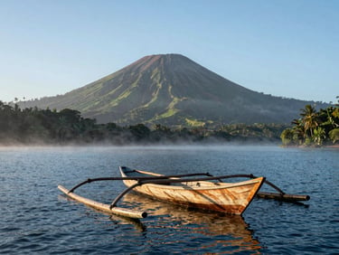 A single wooden outrigger boat on a misty volcanic lake at dawn, soft blue tones, 35mm lens