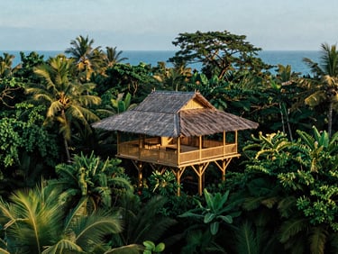 Architectural bamboo pavilion integrated into the jungle canopy of Sidemen, soft morning light, slow travel aesthetic