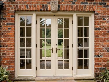 Symmetrical French doors in a soft cream finish opening onto a traditional brick terrace, soft natural daylight, rich heritage tones, 35mm