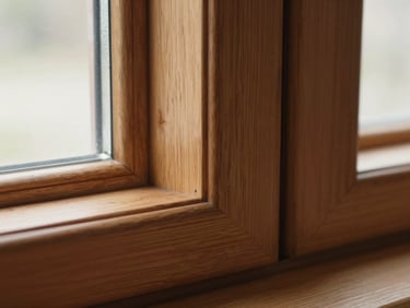 Extreme close-up of a timber-alternative window joint showing authentic wood-grain texture and clean mechanical corner construction, warm daylight.