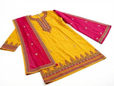 Vibrant studio shot of colorful traditional Pakistani stitched clothes laid out beautifully, bright high-key lighting