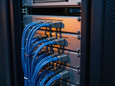 Close-up of clean server racks with organized blue cables, low-key dramatic lighting with sharp orange amber highlights, 35mm photography