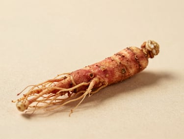 Macro close-up of organic red ginseng root on a warm sand background, soft studio lighting, shallow depth of field, 35mm