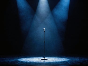 Cinematic wide shot of an empty stage with a single microphone stand under dramatic blue spotlight, hazy atmosphere