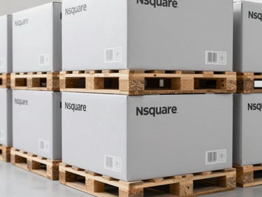 Clean warehouse aisle with perfectly stacked pallets of nsquare wholesale product boxes, diffused studio lighting, sense of order and efficiency.
