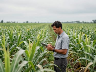 Wide shot of a modern agronomist standing in a vast, vibrant green sugarcane plantation, holding a digital tablet, looking at the healthy crops under a bright overcast sky.