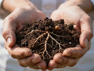 Extreme close-up of dark, porous, nutrient-rich soil held in hands of an agronomist, detailed root systems with active biological nodules visible under bright morning sunlight.