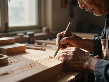 Close-up of an elderly craftsman's hands carving wood in a traditional workshop, soft window light, 35mm film aesthetic