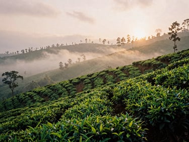 Wide panoramic view of misty green tea plantations in Sri Lanka at dawn, soft golden light breaking through the low clouds, 35mm film aesthetic