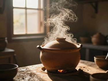 Steam rising from a traditional clay pot in a rustic kitchen, soft golden hour light filtering through a window