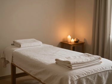 Wide shot of a minimalist spa treatment room in Noida, warm candlelit glow, fresh folded linens on a wooden table, soft sage accents, warm editorial photography.