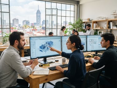 Crisp architectural photography of young engineers collaborating over dual-monitor setups showing complex Revit models in a bright Mexico City studio, natural daylight with cool screen glow, 35mm lens.